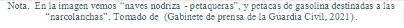 Nota.  En la imagen vemos “naves nodriza - petaqueras”, y petacas de gasolina destinadas a las “narcolanchas”. Tomado de  (Gabinete de prensa de la Guardia Civil, 2021).

