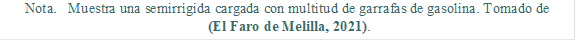 Nota.   Muestra una semirrígida cargada con multitud de garrafas de gasolina. Tomado de
 (El Faro de Melilla, 2021).
