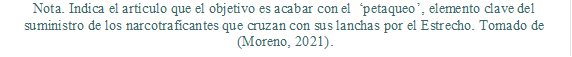 Nota. Indica el artículo que el objetivo es acabar con el ‘petaqueo’, elemento clave del suministro de los narcotraficantes que cruzan con sus lanchas por el Estrecho. Tomado de (Moreno, 2021).

