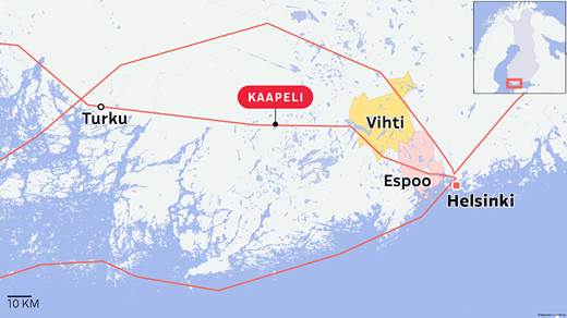 Kartta, jossa näkyy tietoliikennekaapelien sijainteja ja Espoon ja Vihdin kunnat.