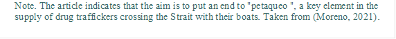 Note. The article indicates that the aim is to put an end to "petaqueo", a key element in the supply of drug traffickers crossing the Strait with their boats. Taken from (Moreno, 2021).

